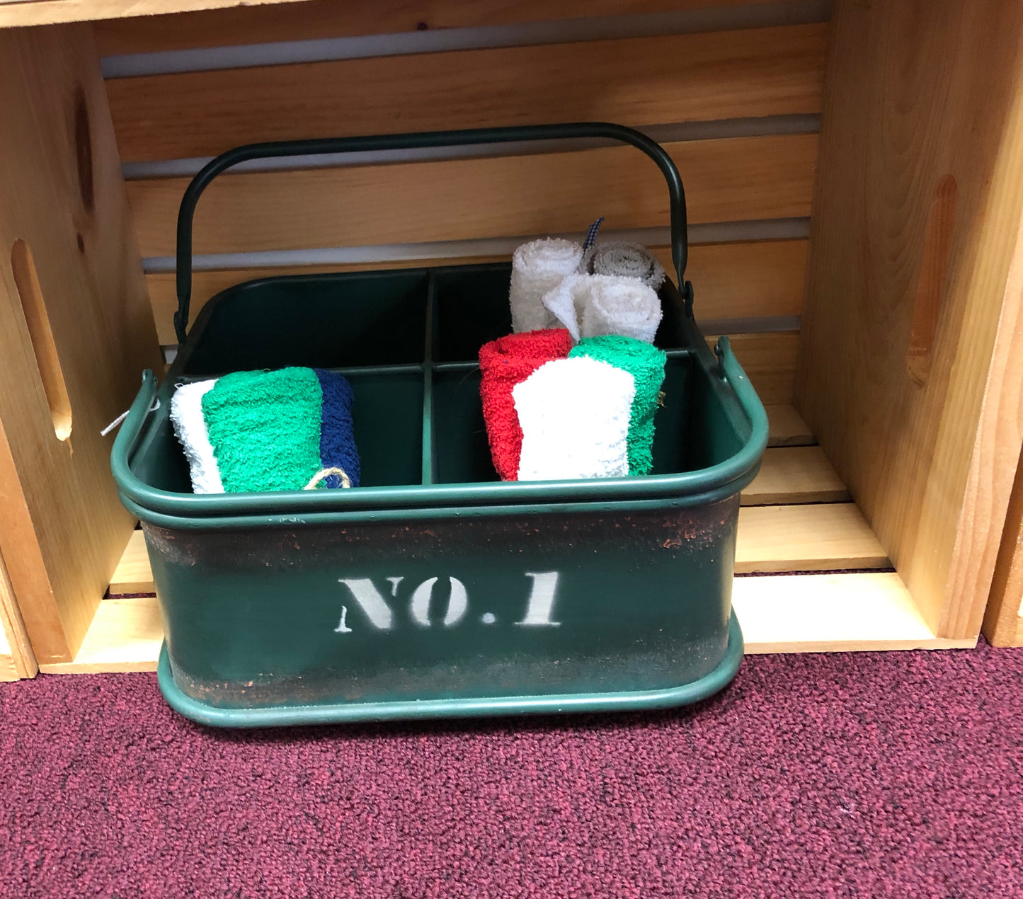 Green Metal Basket divided into four sections with handle